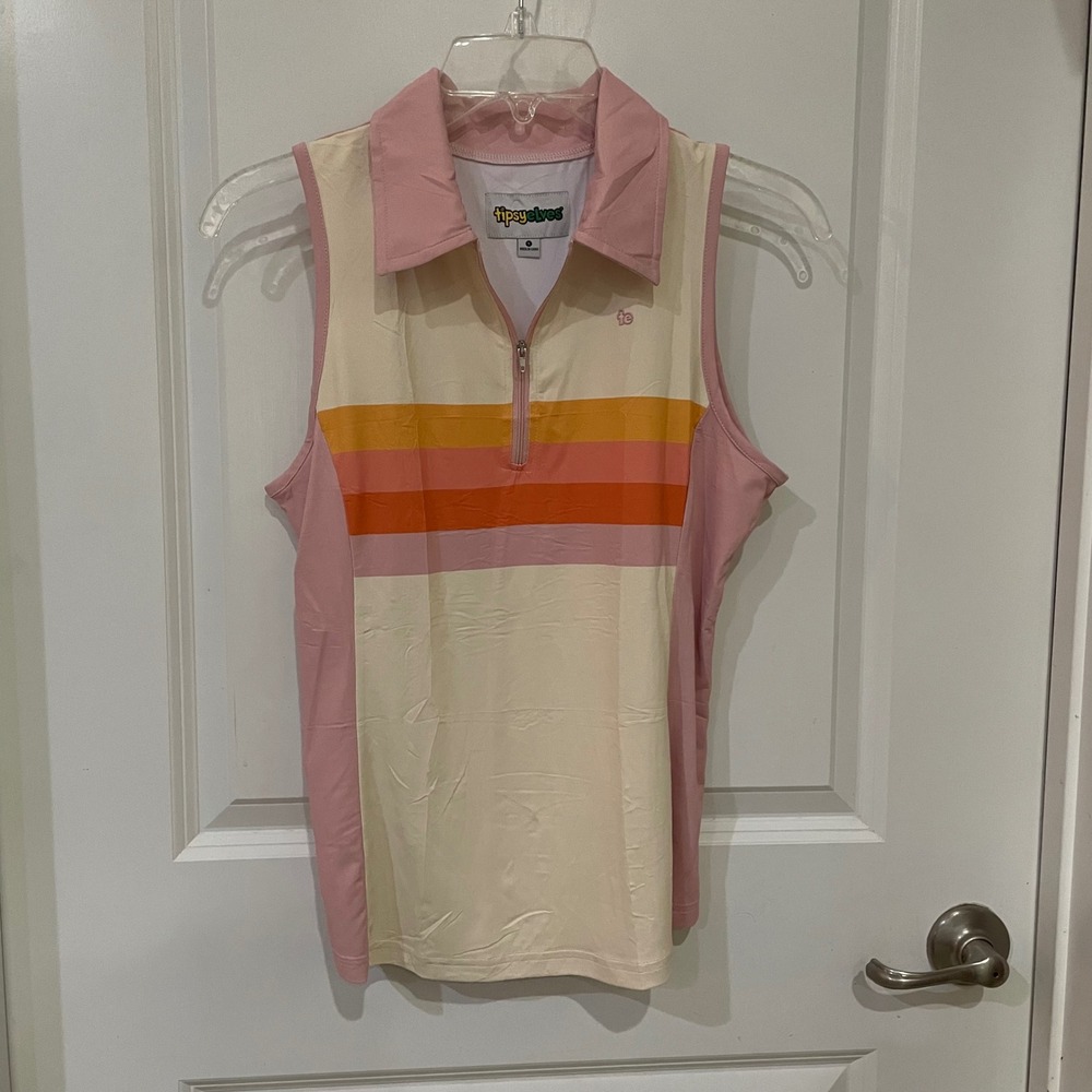 Tipsy Elves Pink, Cream & Orange Striped Sleeveless Golf Polo